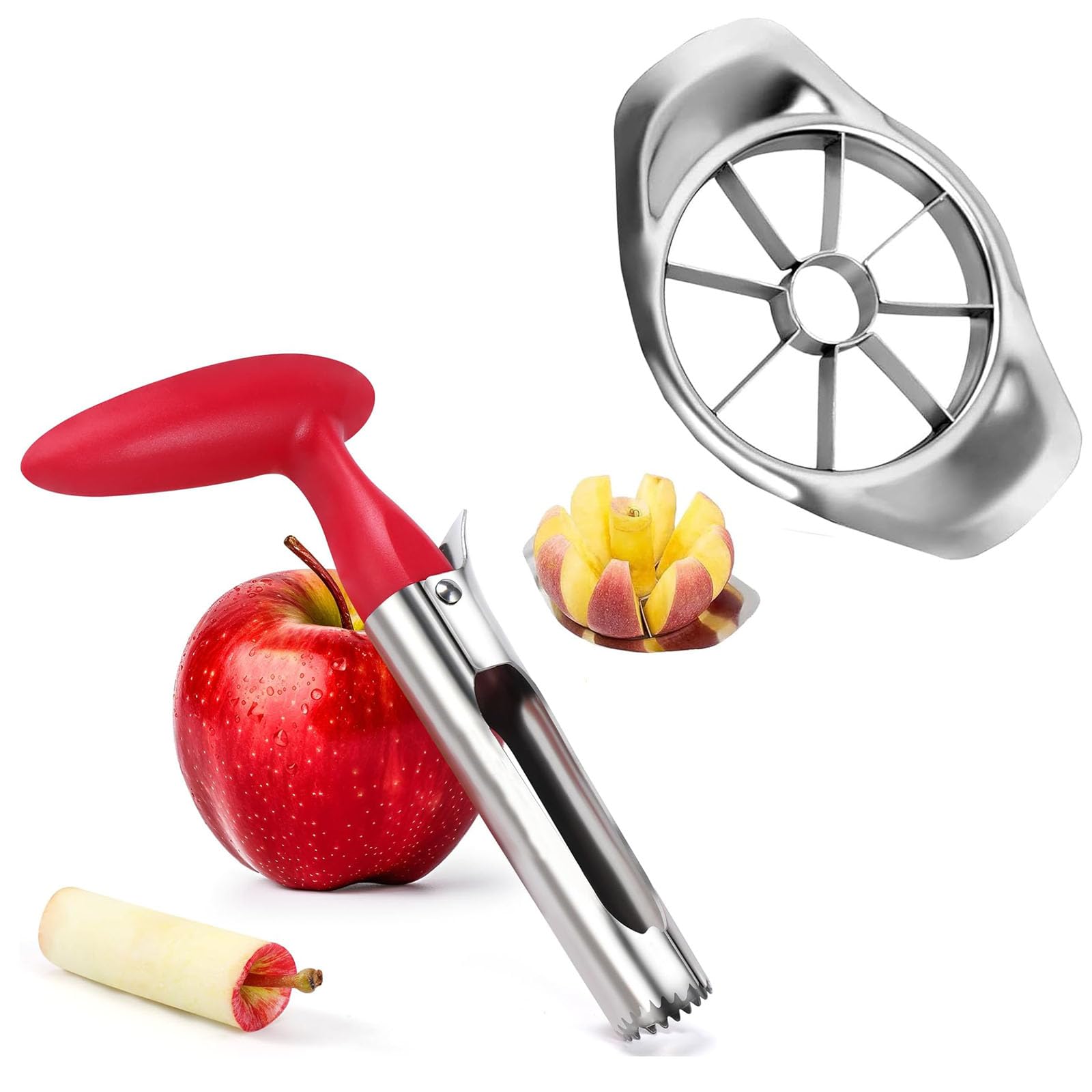 Apple Corer and Slicer 2Pcs Set, Stainless Steel Apple Slicer Cutter & Corer with Handle for Home Kitchen Sharp Fruit Cutter Remover with 8 Blades