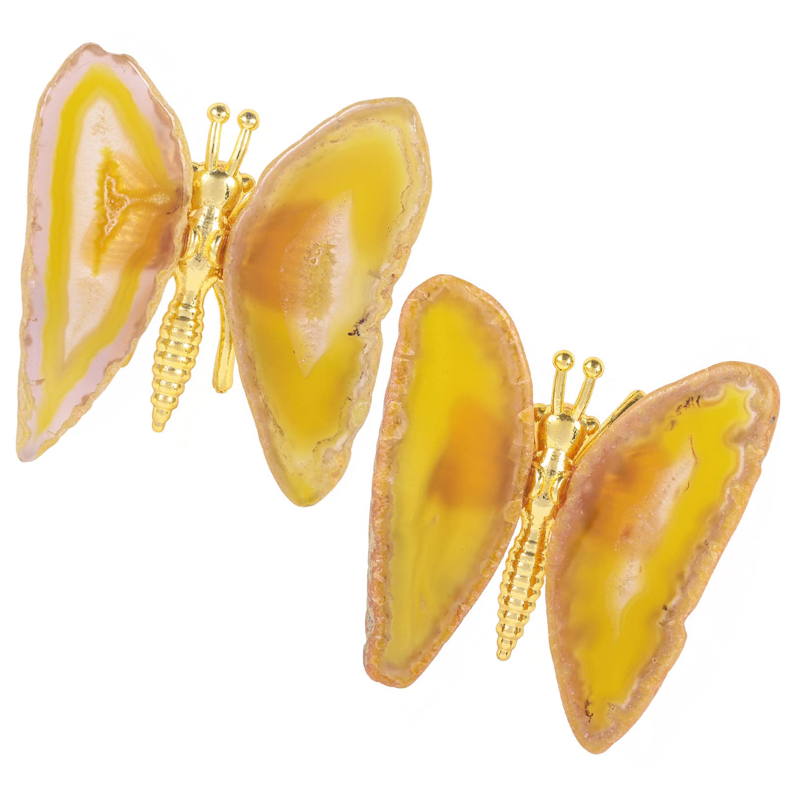 Nupuyai 2pcs Yellow Agate Slice Butterfly Statue Decorative Ornament Set of 2, Crystal Stone Butterfly Figurine for Home Office Desktop Car Decor