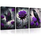 ZSHARTSWD 3 Piece Gothic Canvas Wall Art Halloween Decor Dark Rose Crow and Butterfly Pictures Print Vintage Goth Aesthetic Painting Living Room Home Framed (Purple, 11.00
