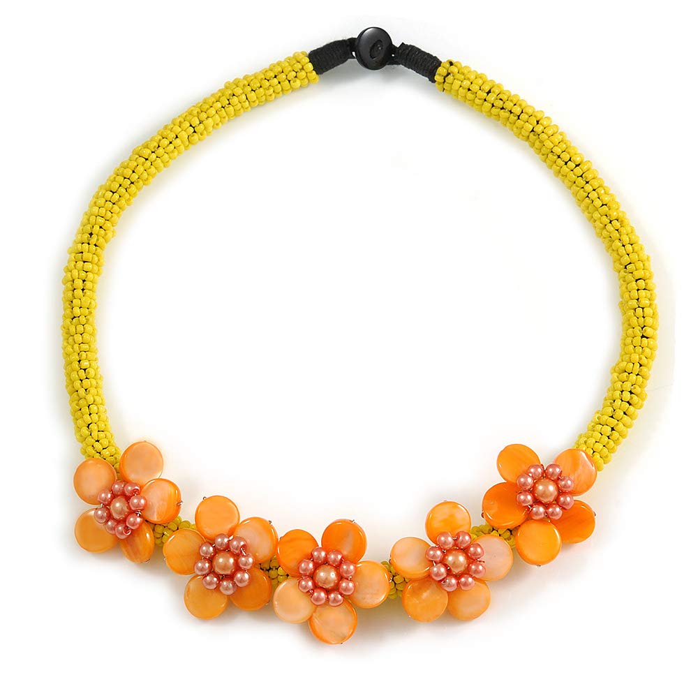 Avalaya Yellow/Orange Glass Bead with Shell Floral Motif Necklace - 48cm Long