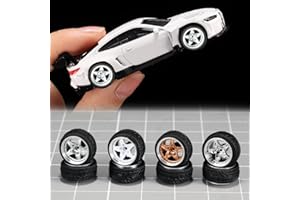 WAVEIST 1/64 Wheels and Tires,Real Riders Series,Upgrade Mainline Diecast Model Cars,Diameter is 0.43in, 4 Sets/pack,Five-Pointed Star Spokes,ABS Wheels with Rubber Tire Rivet Axle Metal Rims(HW-I)