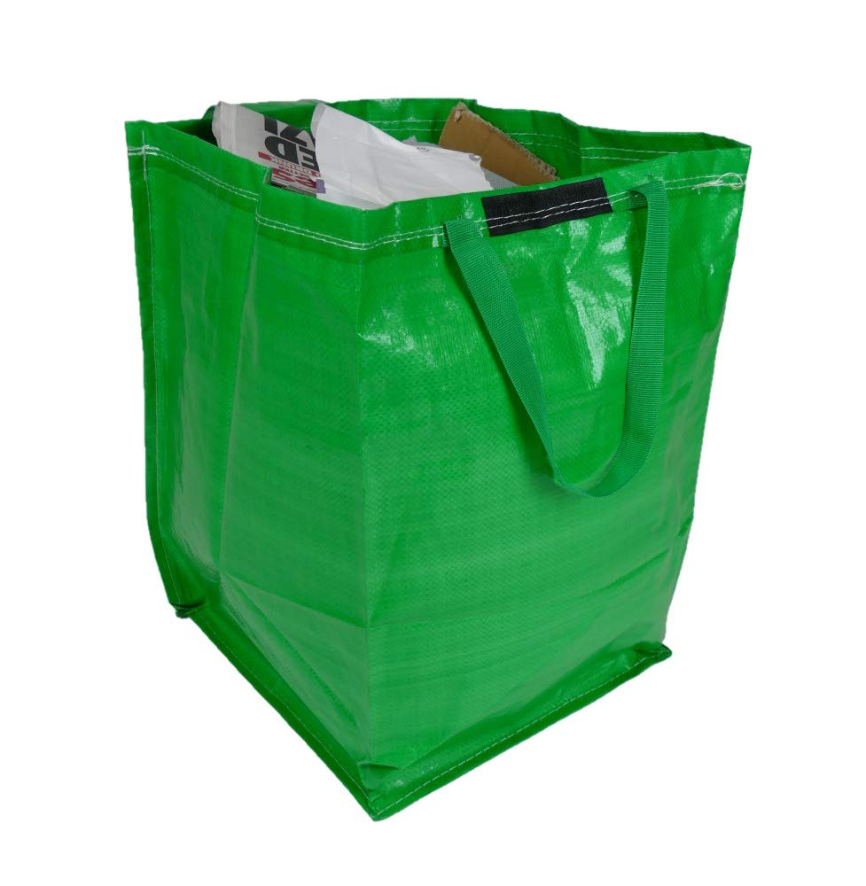47 Litre Recycling Bag with Top Flap and Handles - Tip Strap - Laminated Wipe Clean Fabric - PREMIUM GRADE - Heavy Duty Woven PP Fabric (1 Bag, Green)
