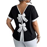 SHENHE Women's Plus Size Bow Back Blouse Short Sleeve Color Block Dressy Casual Going Out Top