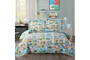 FERDILAN Kids Boys Quilt Set Queen Size, 3-Piece Cartoon Car Bedding Bedspread Reversible Bulldozer Excavator Car Van Vehicles Design Lightweight Kids Boys Coverlet Quilt Set with Matching Shams