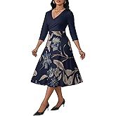 PinkPatty Womens Casual Wrap Flared Midi Dress 3/4 Sleeves A-Line Swing V Neck Dress Cocktail Party Dresses with Pockets