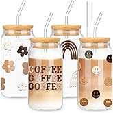 Whaline Drinking Glasses with Bamboo Lids and Glass Straw 4pcs Set - 16oz Can Shaped Glass Cup, Iced Coffee Glass Ideal for Cocktail, Whiskey, Gift - 2 Cleaning Brushes