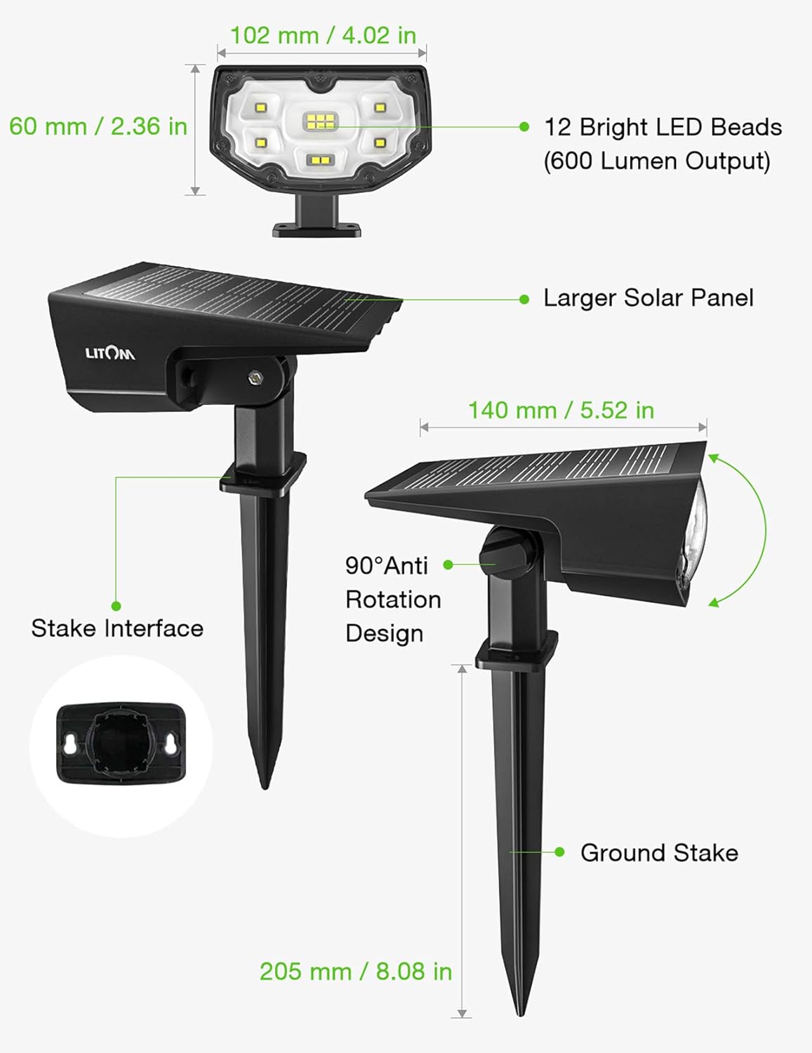 LITOM 12 LEDs Solar Landscape Spotlights, IP67 Waterproof Solar Powered Wall Lights 2-in-1 Wireless Outdoor Solar Landscaping Lights for Yard Garden Driveway Porch Walkway Pool Patio 2 Pack Cold White - - 