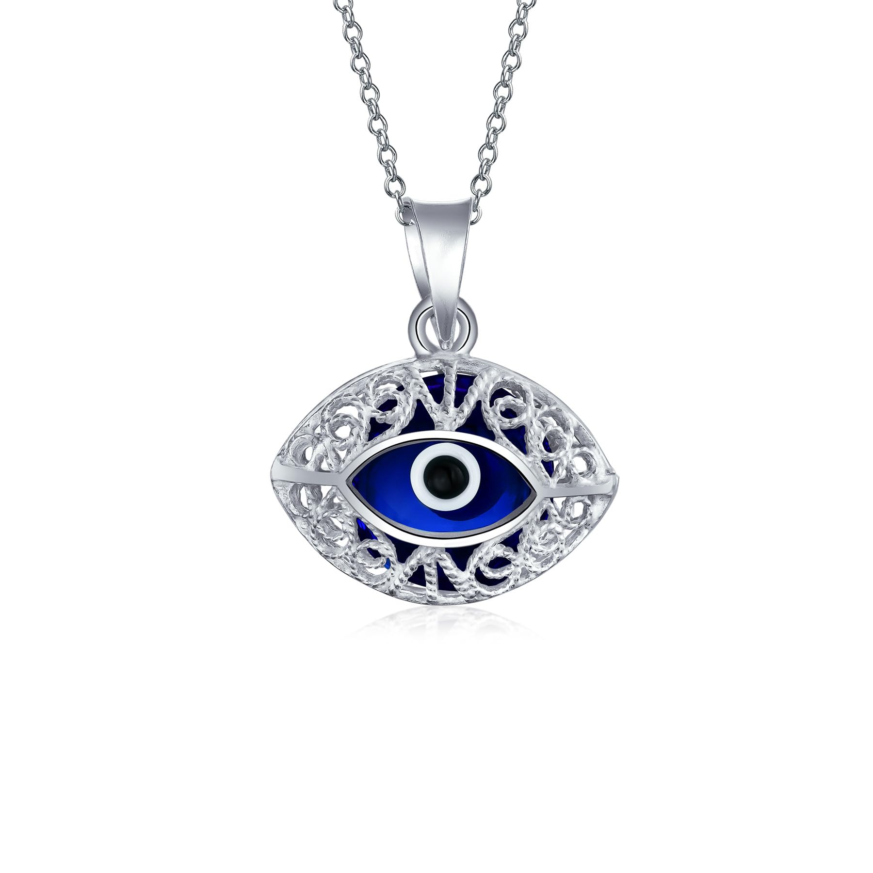 Bling Jewelry Turkish Protection Vintage Style Navy Blue Filigree Oval Evil Eye Charm Pendant Necklace For Women Teen Murano Glass .925 Sterling Silver Made In Turkey
