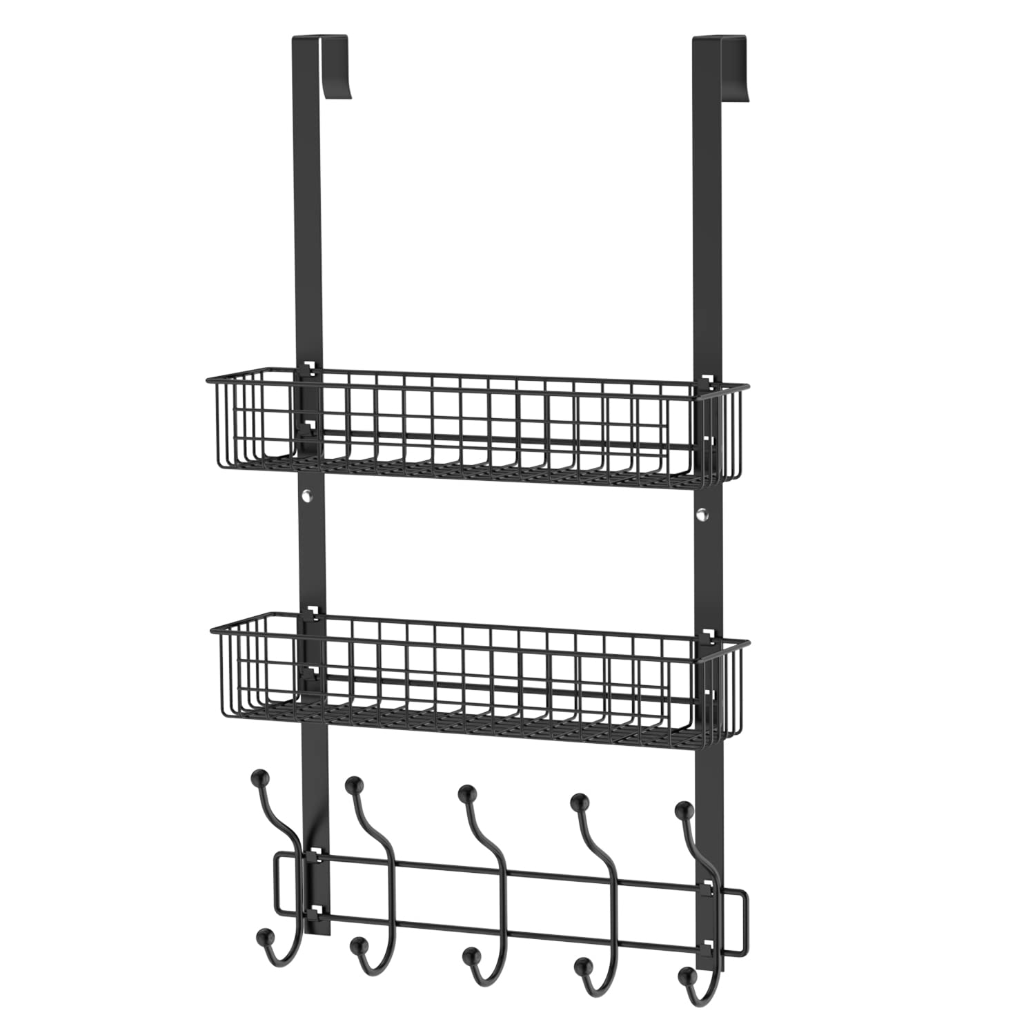 MILIJIA Coat Rack, Over The Door Hanger with Mesh Basket, Detachable Storage Shelf for Towels, Hats, Handbags, Coats (Black-2 Baskets)