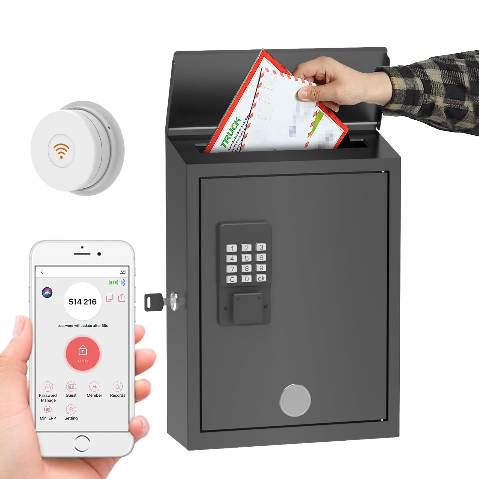 Photo 1 of WeHere Mailbox with Wi-Fi Bridge, Wall Mount Locking Postbox for House, OTP/App Remote/Fixed Code/Key Unlock, Large Capacity for Collect Letters, Key Drop Box, Black, Waterproof, 14x4x10in