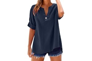 Womens Cotton Linen Shirts Trendy Summer Casual Blouses V Neck Short Sleeve Trendy Tunics Loose Fit Boho Tops Tshirts