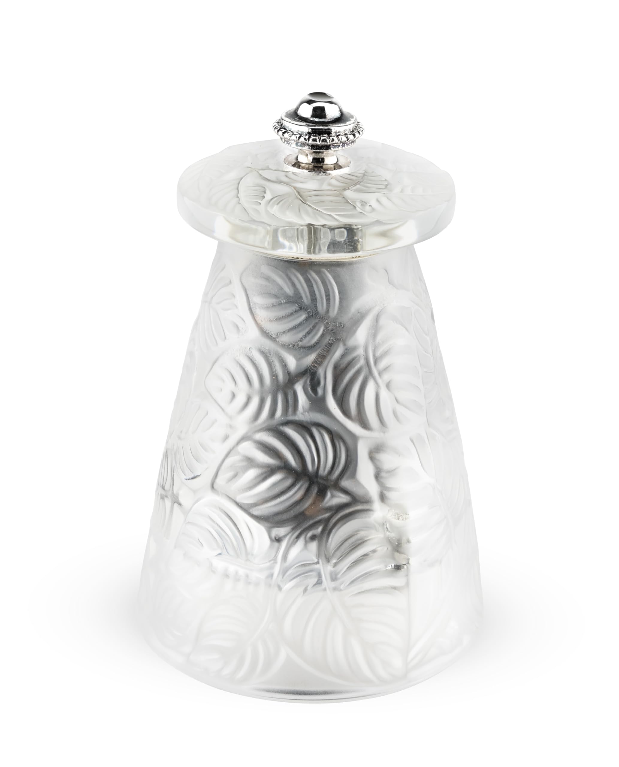 Peugeot - Salt Mill Lalique Feuilles - Clear Crystal - Handcrafted in France - Original René Lalique Design 1924 - Stainless Steel Grinding Mechanism, Silver Gray
