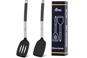 HOTEC Silicone Spatula Set – 2-Piece Heat Resistant Kitchen Turner Set with Stainless Steel Handles, Slotted & Solid Spatulas