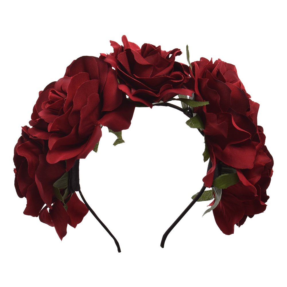 Women Rose Flower Red Headband Punk Gothic Crown Hair Band (Red 4)