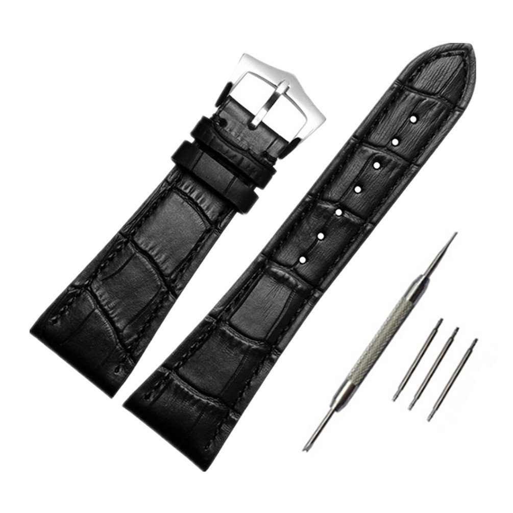 ODETOJOY Black 25mm Genuine Leather Watch Strap 25mm Watchbands Silver Stainless Steel Buckle Watch Accessories