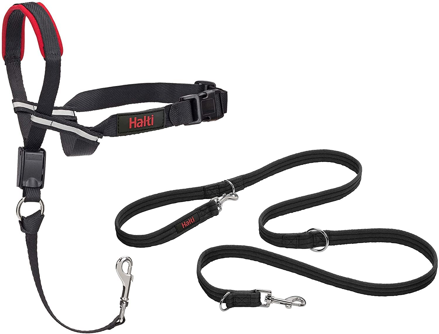 HALTI Optifit Headcollar Size Medium & HALTI Training Leash Size Large, Black Combination Pack - Stop Your Dog Pulling on the Leash. Adjustable with Padded Nose Band. Suitable for Medium Dogs