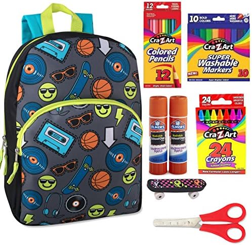 Skateboard Basketball Kids Backpack for boys or girls. 54 Count School Craft Supplies Bundle.