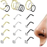 LOYALLOOK 21Pcs Nose Rings Studs - 316L Surgical Steel Gold Nose Studs Double Hoop Nose Ring for Women Men 18G 20G Silver Gold Black Nose Rings Stud Hypoallergenic Nose/Body Piercing Jewelry 1.5mm 2mm 2.5mm 3mm Clear CZ