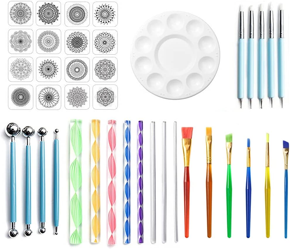SIPLIV Mandala Dotting Tools Set Mandala Stencil Ball Stylus Brush Acrylic Rod Paint Tray Set for Rocks Fabric Wall Nail Art Painting Coloring Drawing Drafting