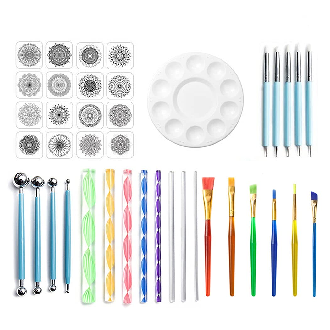 SIPLIV Mandala Dotting Tools Set Mandala Stencil Ball Stylus Brush Acrylic Rod Paint Tray Set for Rocks Fabric Wall Nail Art Painting Coloring Drawing Drafting - 40 PCS