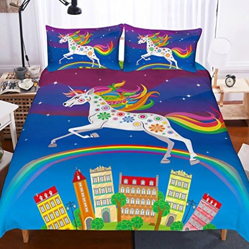 APJJQ Unicorn Bedding Set Twin Size for Kids,White Unicorn with Floral Tatoos Running Over Rainbow with Sky Twikkle Stars and Building Backgroud Blue Duvet Cover Set 2 Piece,No Comforter