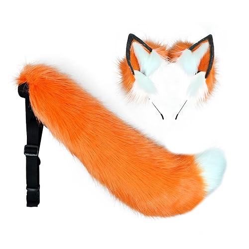 Fxaelian Cosplay Animal Comic Orange Fox Cat Dog Wolf Tail and Ears Headband Hairband Set Anime Halloween Cosplay Party Costume Accessories A Orange