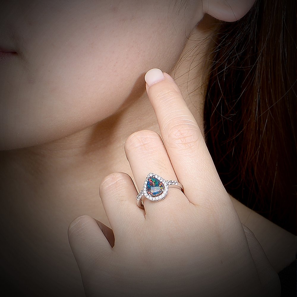 Dnswez Teardrop CZ Cubic Zirconia Green Fire Opal Ring Silver Statement Band Ring(8)