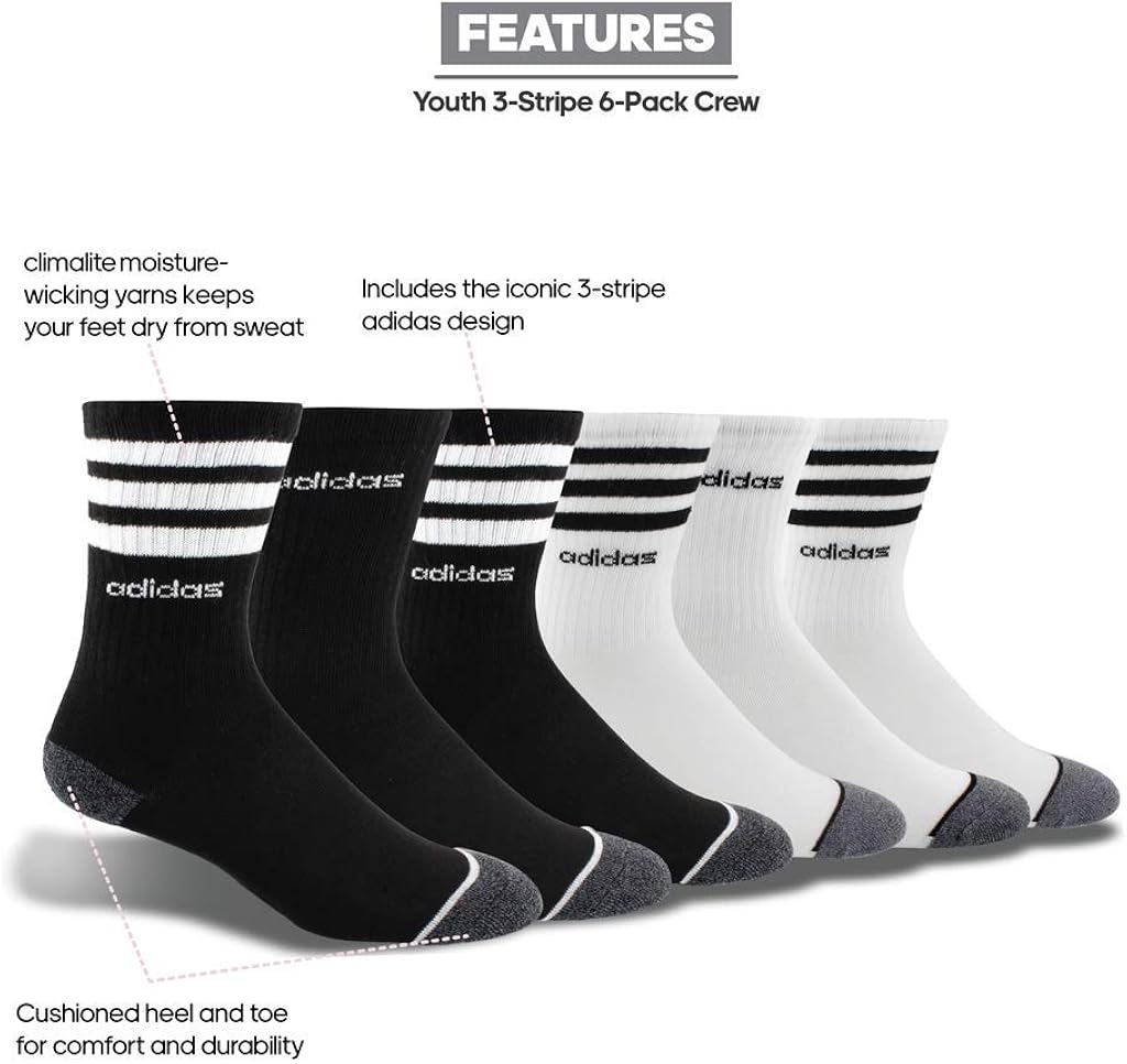 adidas Youth Kids-Boy's/Girl's 3-Stripes Crew Socks (6-Pair): Clothing