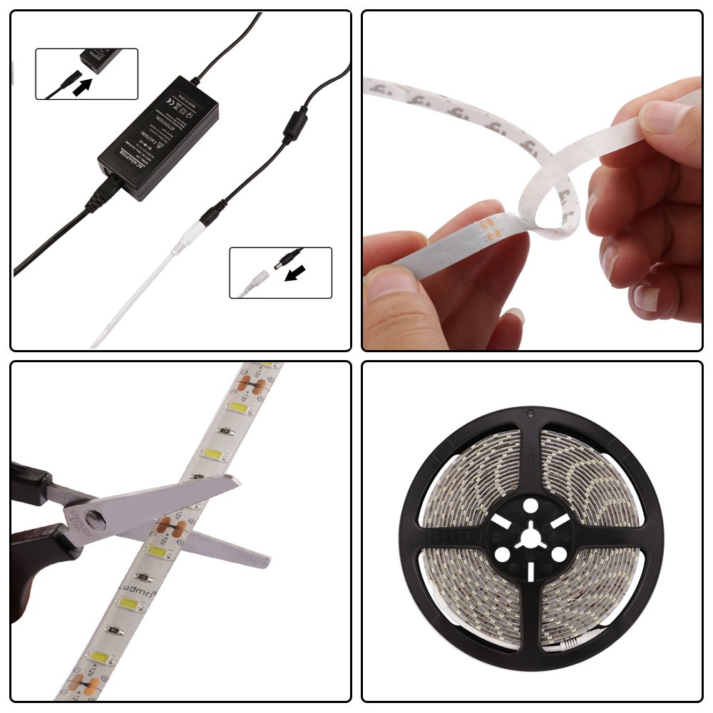 LED Strip Lights NEW VERSION 600Leds Cool White 6000K IP65 Waterproof Led Light Strips DC12V Strip of Led Lights SMD2835 16.4 Ft Flexible light strips DIY Decoration Outdoor with 12V 5A Power Suppy