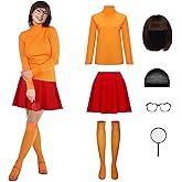 LINKOM Women's Velma Costume Orange Turtleneck Top Red Skirt Bob Wig Glasses Magnifying Glass and Socks Halloween Suit