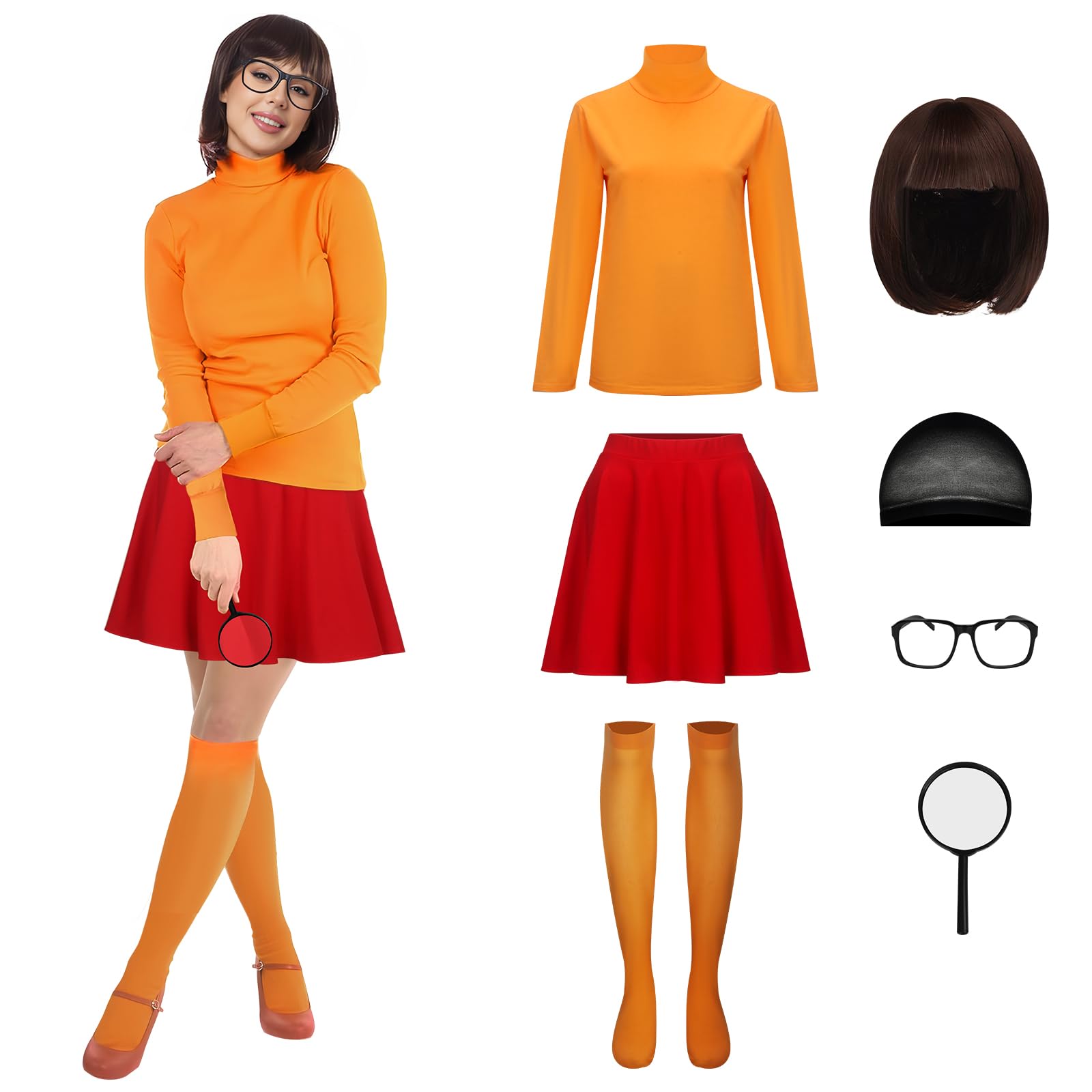 NUWIND Halloween Deluxe Adult Costume for Women,Brown Bob Wig,Orange Turtleneck Top,Red Skater Skirt,Magnifying Glass,Socks and Glasses Carnival Cosplay Fancy Dress (Orange, L)