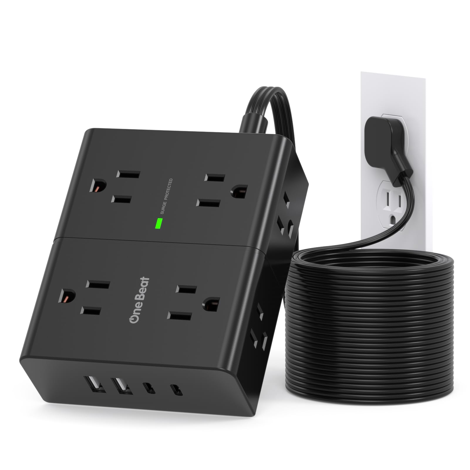 Photo 1 of 10Ft Extension Cord with Multiple Outlets, Flat Plug Power Strip Surge Protector 10 Ft Long Cord, 8 Outlet 4 USB Ports (2 USB C), Multi Outlet Wall Plug for Office, College, Dorm Room Essentials