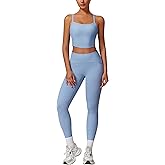 OMEWEE Gym sets for women 2 piece, women's sports set with removable chest pad top and ribbed waist leggings