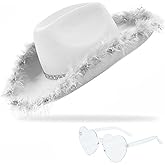 YBHOMINE Cowboy Hat with Heart Sunglasses - Cowgirl Hat with Feather Boa Brim for Women&Men,Bachelorette Party Halloween