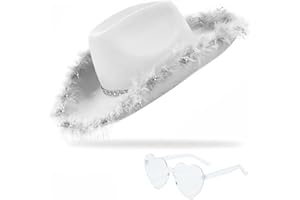 YBHOMINE Cowboy Hat with Heart Sunglasses - Cowgirl Hat with Feather Boa Brim for Women&Men,Bachelorette Party Halloween