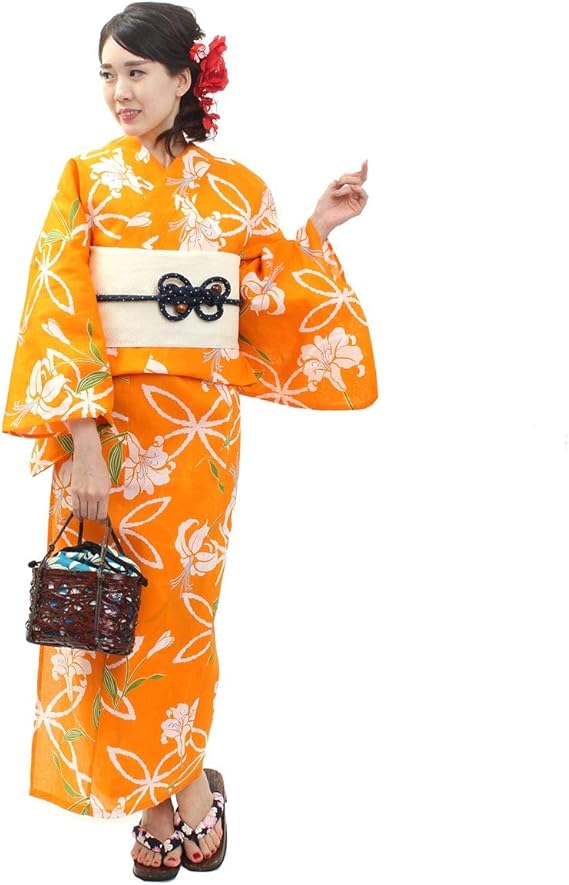 Amazon 二部式 浴衣 単品 百合 白 緑 オレンジ フリーサイズ 女性 簡単浴衣 かんたん浴衣 二部式浴衣 セパレート 浴衣 通販