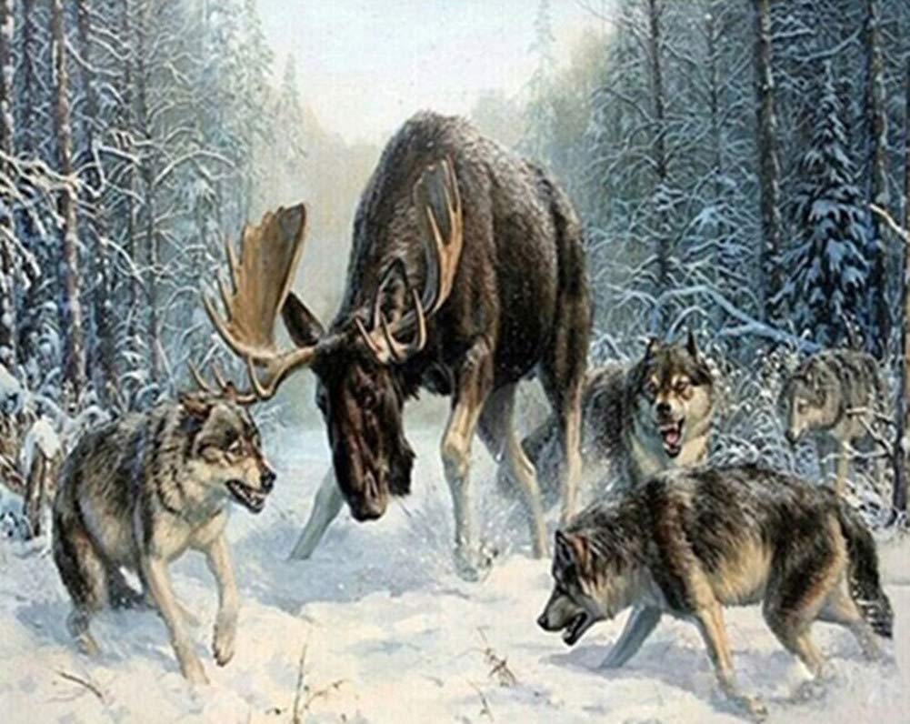 YEESAM ART Paint by Numbers for Adults Beginners Wolves Elk Animals Snow Forest 16x20 inch Linen Canvas Acrylic DIY Number Painting Kits Wall Art Decor Gifts