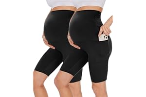 UBCUTE 2 Pack Women's Maternity Biker Shorts with Pockets-High Waist Black Workout Yoga Comfy Pregnancy Pants Over Belly