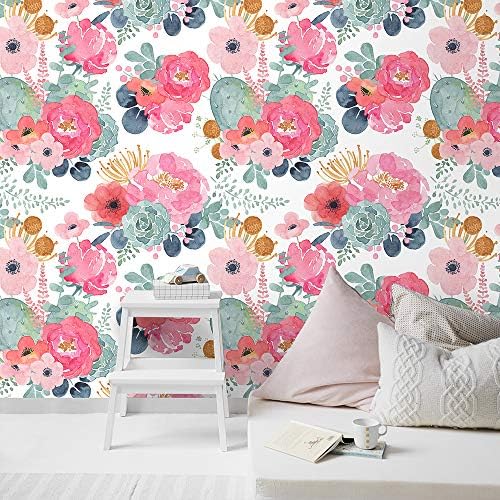 Watercolor Floral Succulents Peel and Stick Wallpaper White/Pink
