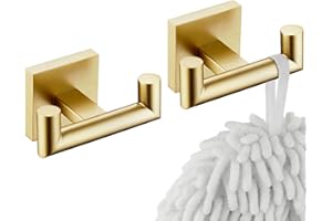 KOKOSIRI Robe Hooks Bathroom Double Towel Coat Hook for Bath Kitchen Wall Mounted, 2 Pack Brushed Gold Stainless Steel B1015B