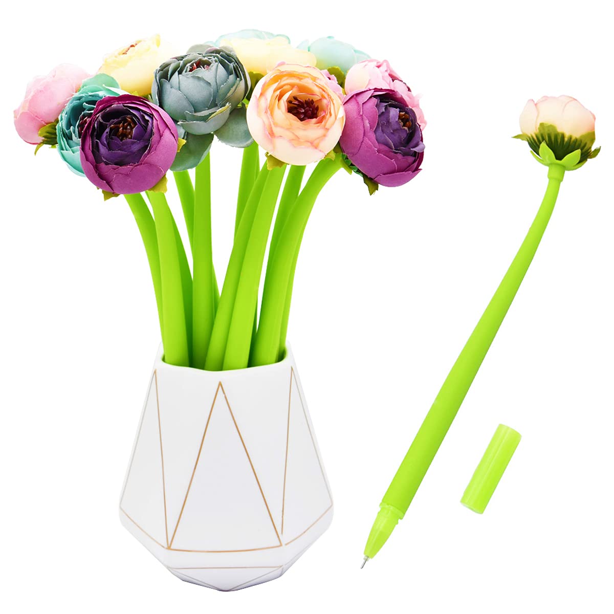 SIPLIV 12Pcs Creative Artificial Flowers Gel Ink Pen Ballpoint Pen Liquid Black 0.5mm Gel Ink Rollerball Pen for Girls Women, Office School Supplies - Flower Bud
