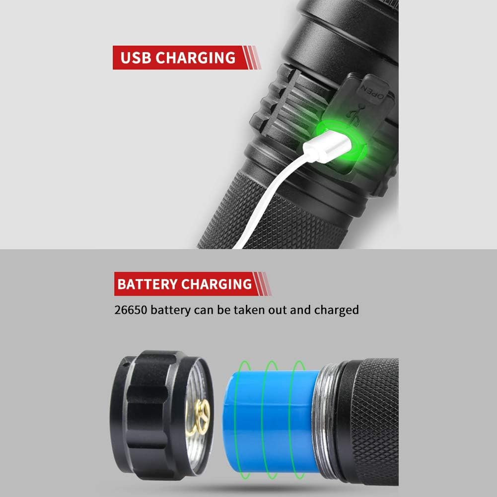 Handheld Flashlight 7100 Lumen with 26650 rechargeable Batteries LED Tactical Flashlight Zoomable 2 Modes Adjustable Focus Water Resistant for Camping Hiking Outdoor Biking Emergency - - 