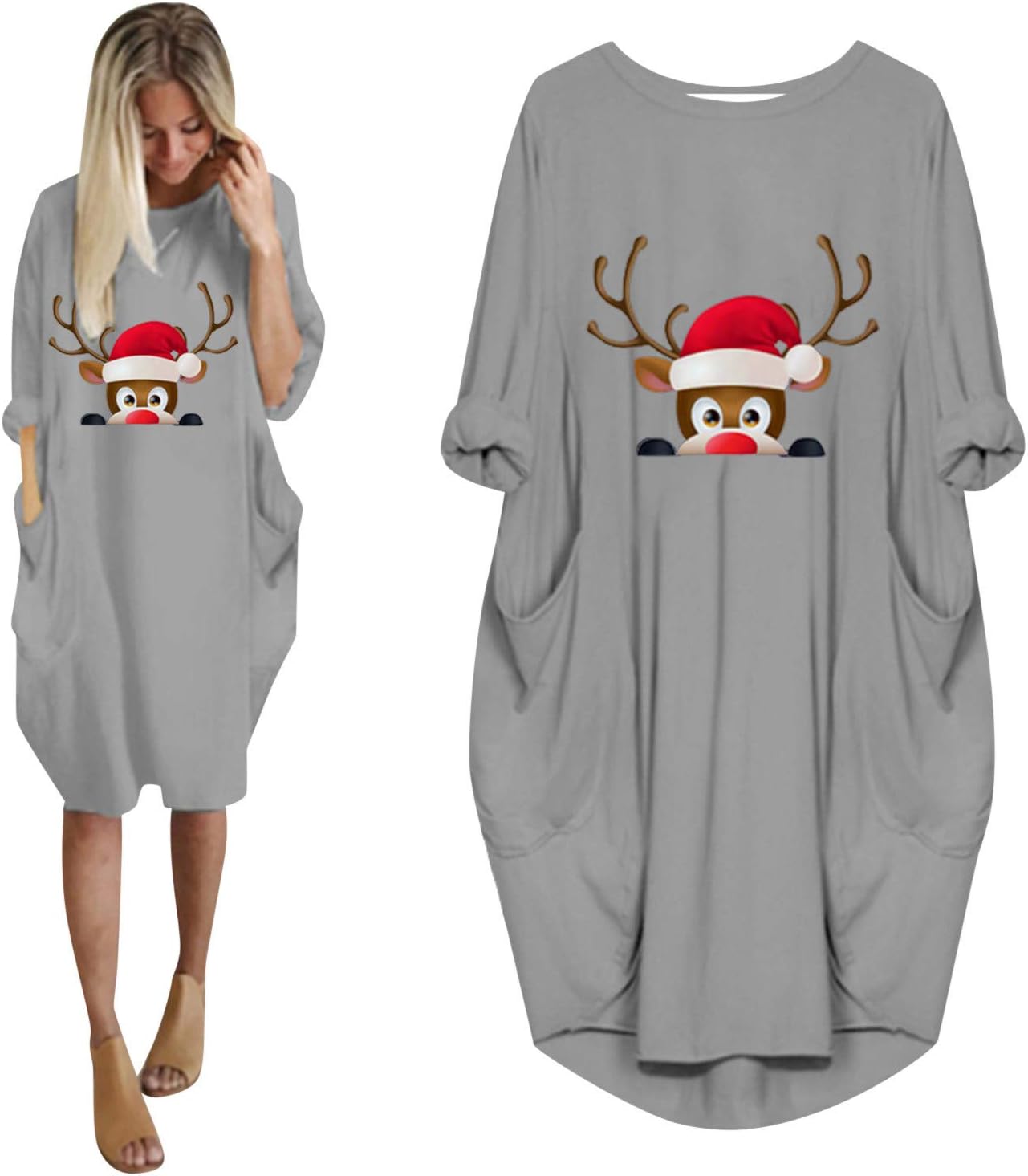 Dames kerstmode bedrukte jurk vrouwen lange mouwen ronde hals