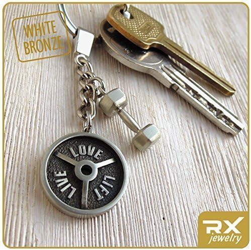 Fitness Keychain Live Love Lift Motivation Gift - for Powertlifting Bodibuilding Ahletes Bronze Dumbell and WEight Plate Key Chain Ring Man Woman Fitness Accessories