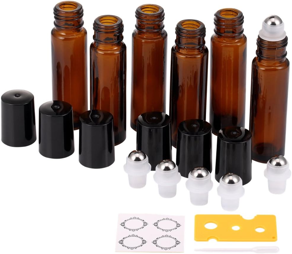 MILD EAST 6pcs 10ml Brown Glass Essential Oil Empty Bottles with Roller Balls Include Dropper,Bottle Opener,Sticker
