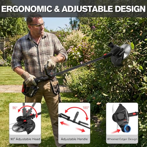 SMILOVII 21V Cordless Weed Wacker Lawn Edger, 4.6lbs Lightweight Battery Powered String Trimmer, 4-in-1 Brush Cutter with Metal Blades, Wire Brush & Guide Wheel for Garden Edging (2 Batteries, 2.0Ah)