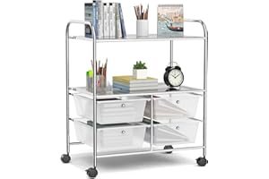 RELAX4LIFE Rolling Storage Cart with 4 Drawers, Utility Cart on Wheels w/2 Shelves & Metal Frame, Paper Scrapbook File Organizer for Home Office School Classroom, Movable Art Craft Cart (Clear)