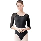 Daydance 3/4 Sleeve Black Leotards for Women, Skirted Ballet Dress Adult Dance Attire