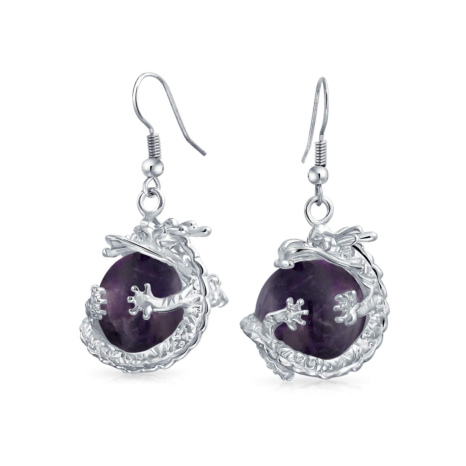 Fashion Trendy Purple Amethyst Gemstone Round Ball Dangle Wrapped Orb Chinese Asian Dragon Earrings For Women Teen