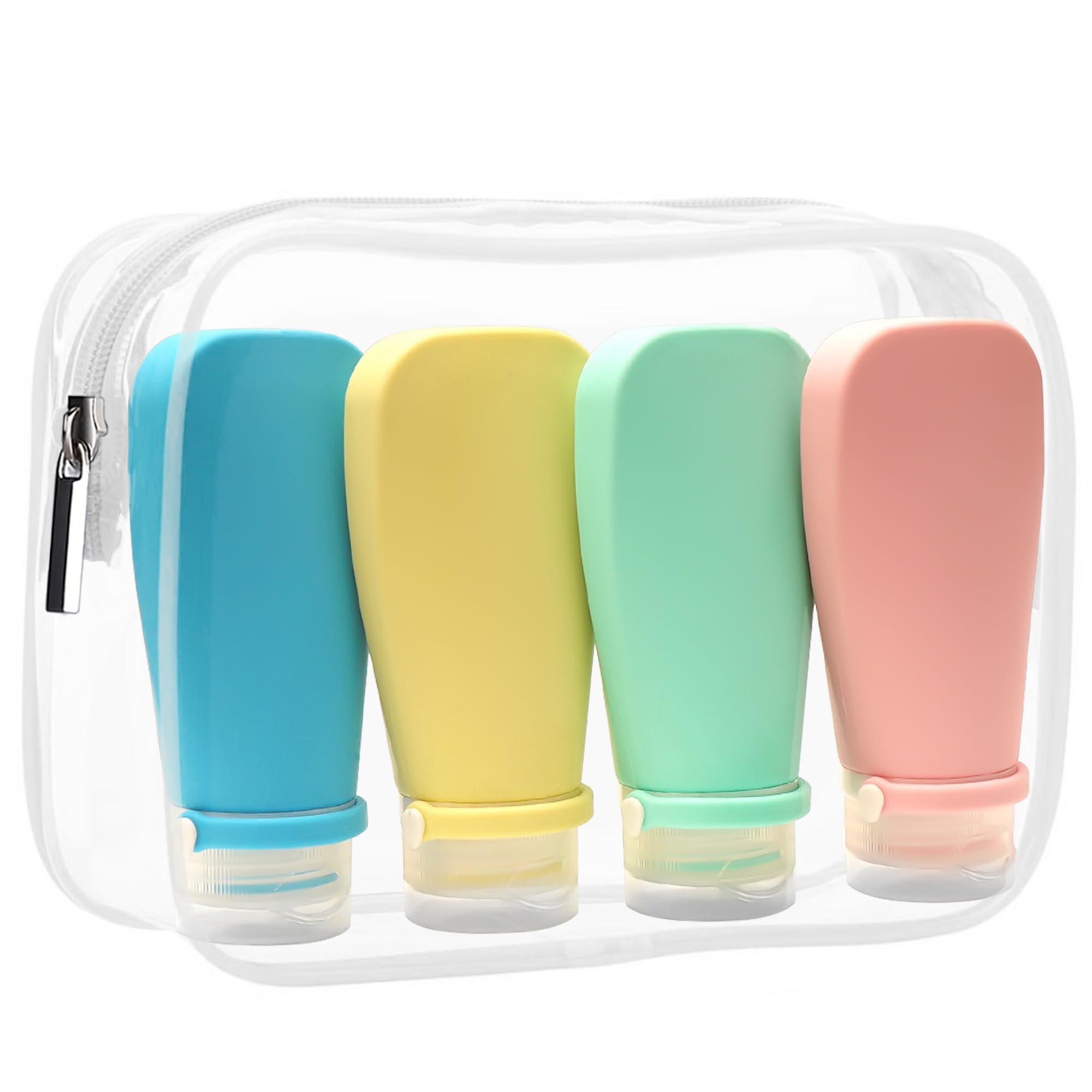 Rikval Silicone Travel Bottles for Toiletries – 4 Pack Refillable Travel Bottles – Squeezable Travel Containers for Creams, Lotions, Liquids – Leakproof Travel Toiletry Bottles with Cap Straps